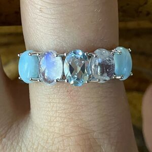 Blue Topaz Rainbow Moonstone Sterling Silver Ring Size 9.75